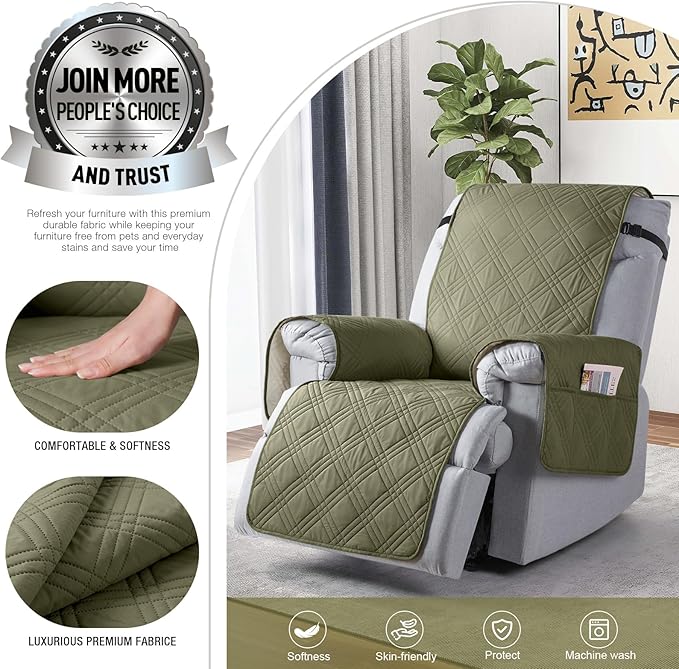 TAOCOCO 100% Waterproof Recliner Chair Covers, Non Slip Recliner Covers for Recliner Chair with Pocket, Washable Reclining Chair Cover Furniture Protector for Kids,Dogs(22'', Green)