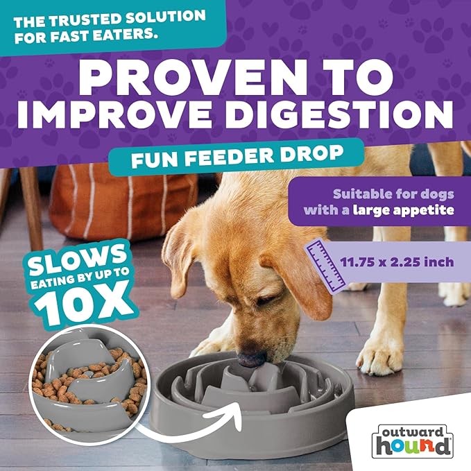 Outward Hound Fun Feeder Slo Bowl – Large 4‑Cup Capacity,Slow Feeding,Medium to Large Dogs,Non‑Slip,Gray,Drop Pattern,(Pack of 6)