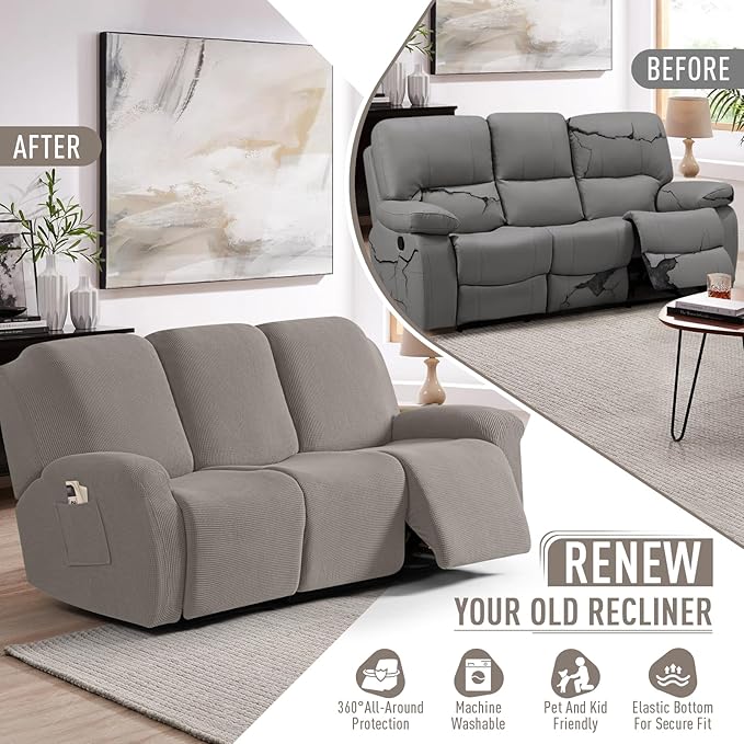 TAOCOCO Recliner Sofa Covers 8-Pieces Stretch Large Couch Covers for 3 Seats Reclining Slipcovers Soft Jacquard Pattern Furniture Protector (Pale Brown)