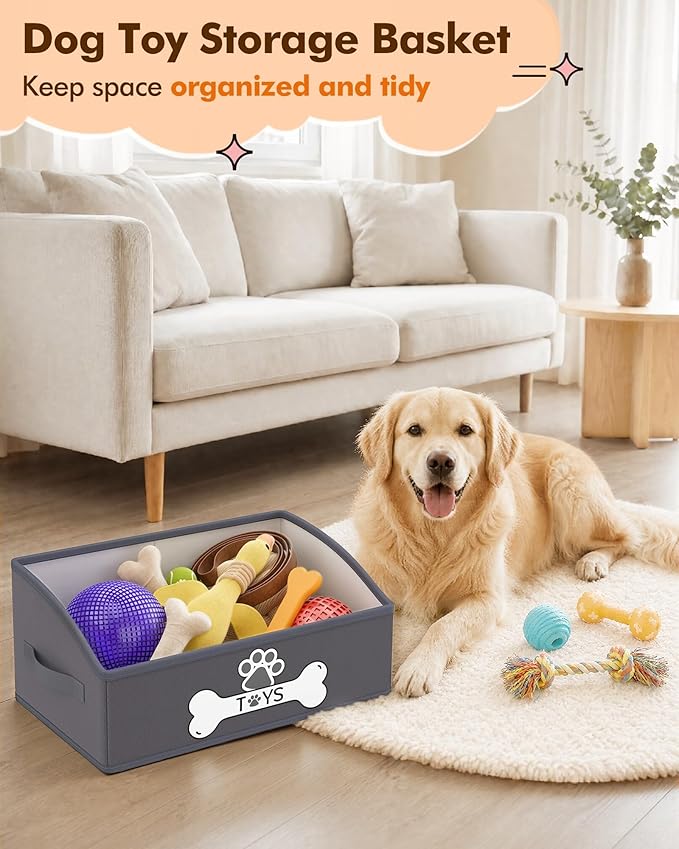 Optish Dog Toy Basket, Foldable Dog Toy Box with Handles, 19.7" X 11" X 7.9" Large Basket Specially Designed for Dog Toy Storage, Suit for Storing Pet Toys and Accessories, Grey