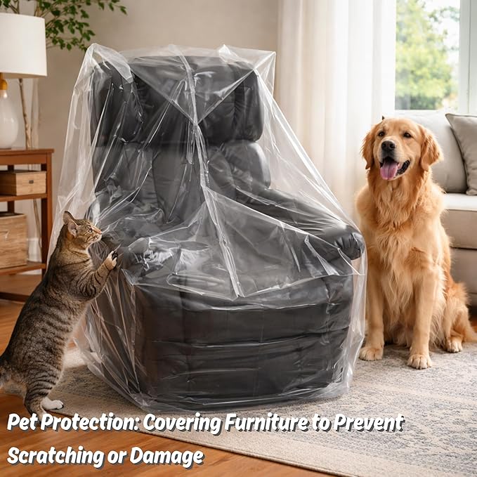 Wowfit Furniture Cover Dust-Proof Moving Bag for Chairs, Recliners & Boxes – Clear, Odorless Plastic - 4mil-Thick - 34W x 42D x 65/48H Inches