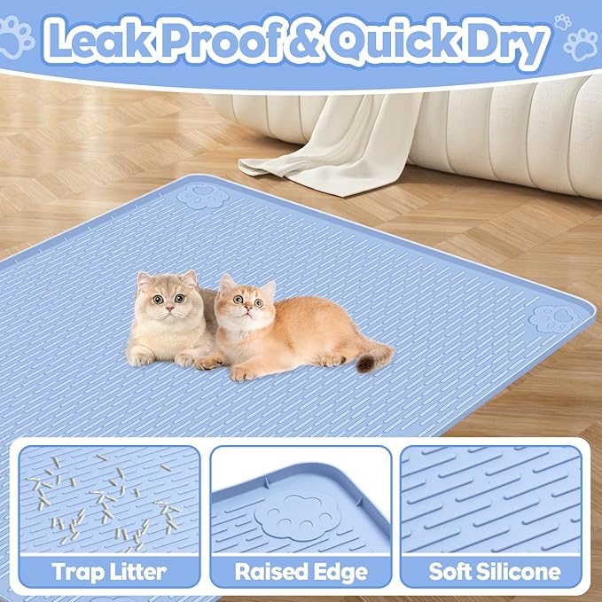 Bartuke Cat Litter Mat, Extra Large 40" x 28" Silicone Mat Litter Trapping Mat for Scatter Control, Soft on Kitty Paws, Easy to Clean (Blue)
