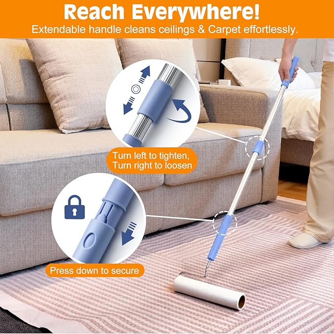 Large Lint Roller for Pet Hair Extra Sticky,9.45''/6.3"Pet Hair Removal Tool Roller for Dog Cat Hair,450 Sheets/5 Refills,Detachable Telescoping Extension Lint Remover Brush for Clothes,Couch,Carpets