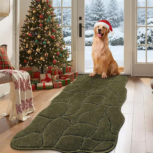 Large Dog Door Mat for Muddy Paws, 24x59 Absorbent Dirt Trapper Long Door Mat, Non-Slip Washable Mud Mat for Dogs, Polyester Microfiber Soft Pet Rug Mat for Entryway, Mud Dog Paws, Patio (Olive Green)