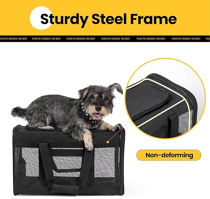 Conlun Cat Carrier Airline Approved, Soft-Sided Dog Carrier with Inner Safety Leash, Pet Transport Carrier for Small-Medium Cats Puppies up to 15 Lbs, Collapsible Travel Kitten Carrier Bag -BlackM