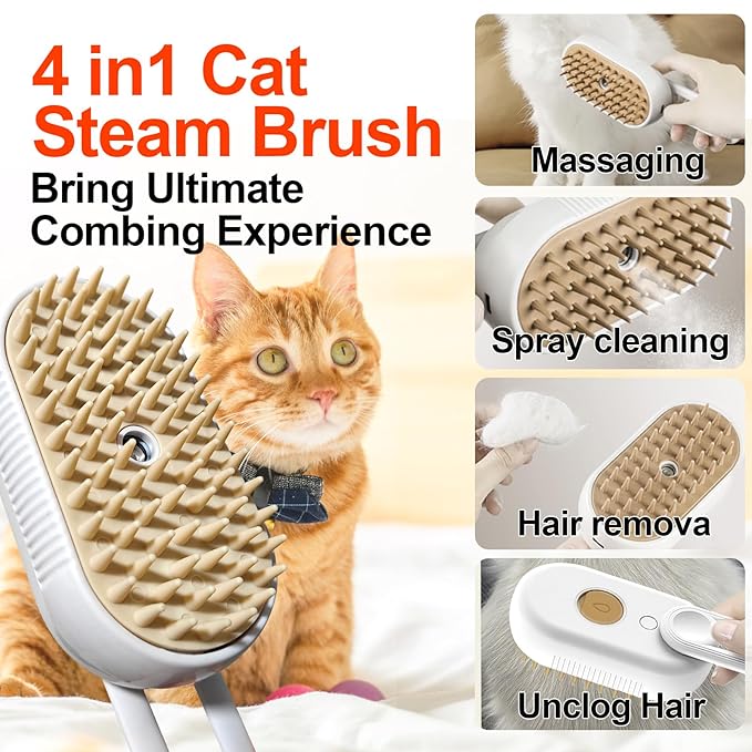 4-in-1 Steam Brush for Dogs & Cats - Pet Grooming Brush with Steam, Deshedding, Bath Spray & Massage, Professional Grooming Tool for Indoor Cats and Long/Short Hair Pets (White)