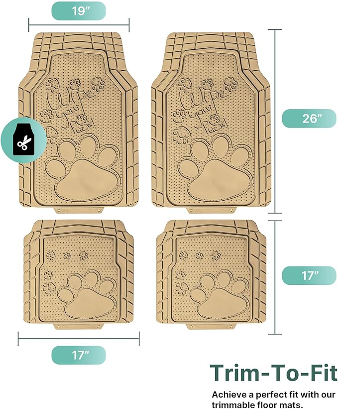 FH Group Car Floor Mats - Adorable Paw Print, Heavy-Duty Rubber Mats, Universal Fit Full Set, Climaproof, Trimmable, Fit Most Sedan, SUV, Truck - Beige