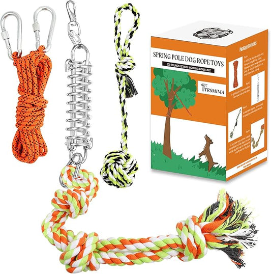TT TRSMIMA Spring Pole Rope Toys: Rope Pull & Tug of War with a Big Spring Pole Kit & 2 Strong 16ft Toys - Muscle Builder Interactive Toy for Pitbull Medium to Large Dog