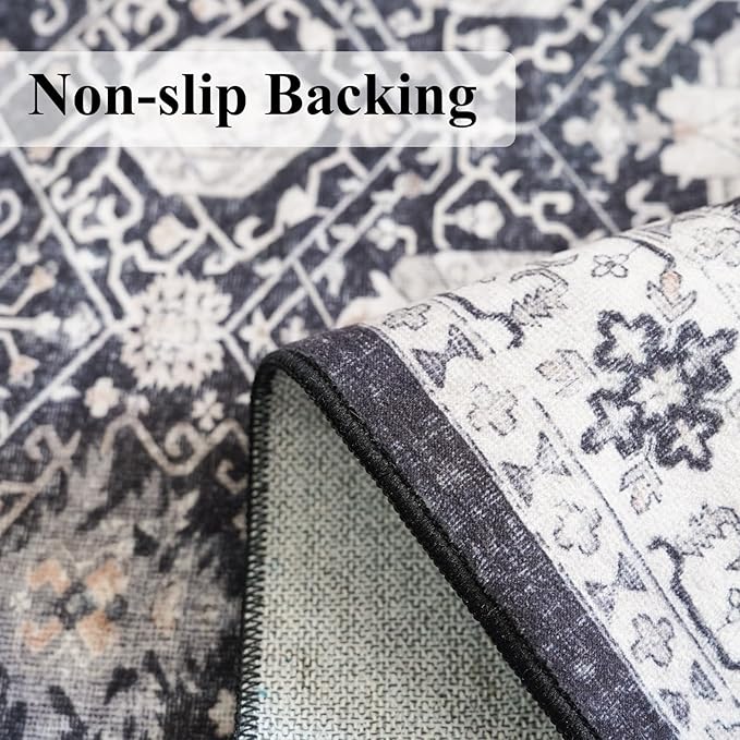 Hallway Washable Runner Rug - 3x16 Kitchen Rugs Entryway Rug Runner Vintage Soft Floor Mat Non Slip Indoor Farmhouse Carpet for Bathroom Living Room Bedroom (3 X 16, Black)