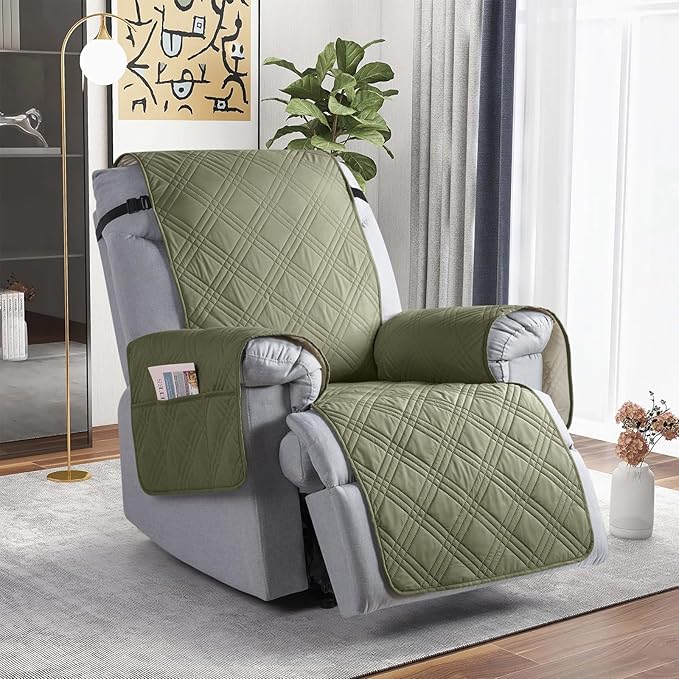 TAOCOCO Waterproof Recliner Chair Cover, Non Slip Oversized Recliner Covers for Recliner Chair with Pocket, Reclining Chair Cover Furniture Protector for Kids, Dogs(28'', Green)