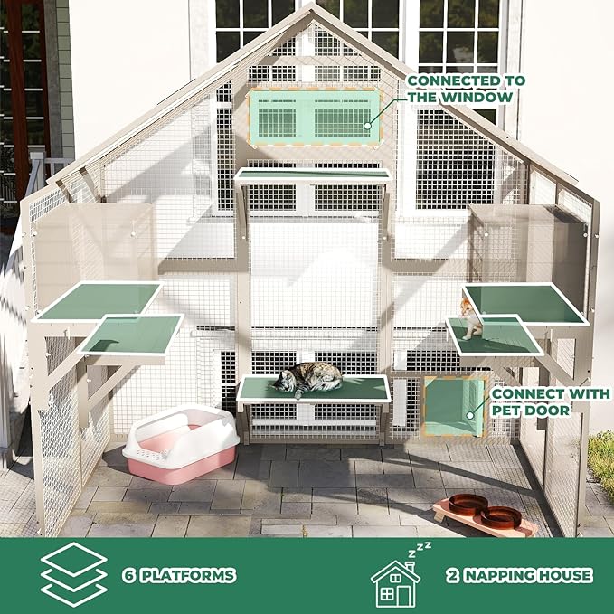 71" H Catio Outdoor Cat Enclosure Weatherproof, Large Walk-in Catio Cat Patio Attached Window for Multiple Cats, Waterproof Kitty Enclosure Outside with 2 Condos, 6 Platforms