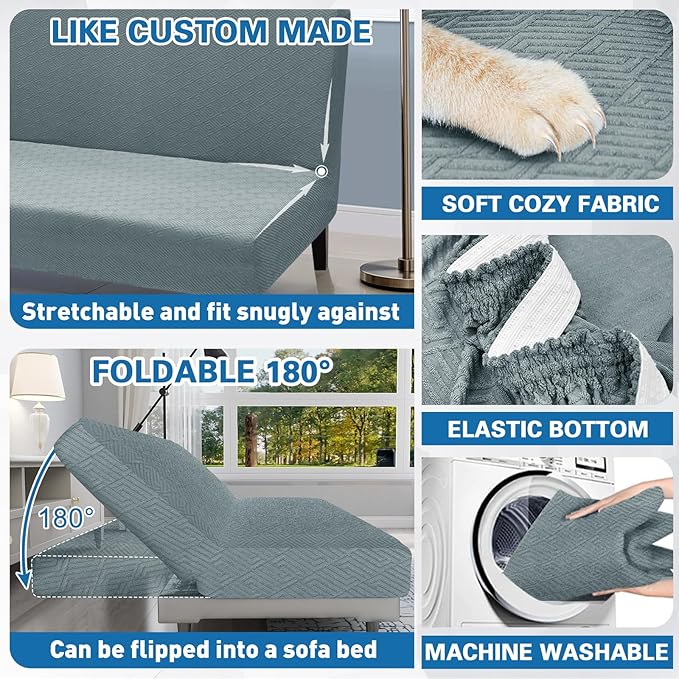 ZNSAYOTX Stretch Fit Futon Cover (67"-82") Armless Futon Sofa Bed Slipcover with Elastic Band, Universal Foldable Sofa Mattress Protector Full Queen Size, Washable Comfort Jacquard (Light Grey)