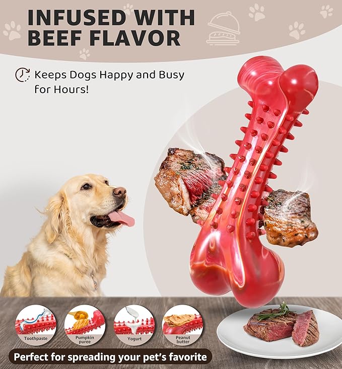 IPTPAS Dog Chew Toy for Aggressive Chewers, Tough Natural Rubber Bone with Irresistible Beef Flavor, Long-Lasting Teeth Cleaning & Reduce Boredom, Durable Dog Dental Toy for Small Medium Large Breeds