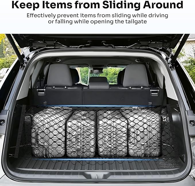 Trunk Cargo Net for 2024-2025 2026 Toyota Grand Highlander Accessories Envelope Style Mesh Trunk Net Organizer and Storage Stretchable Adjustable Elastic Nylon Rear Cargo Netting with Hooks