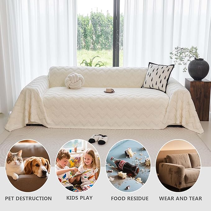 Sherpa Fleece Couch Cover for 3 Cushion Sofa, Beige, 71" x 134" - Pet Proof Sofa Covers Heavy Duty Scratch Resistant Pet Friendly Furniture Cover - Easy Install, Machine Washable