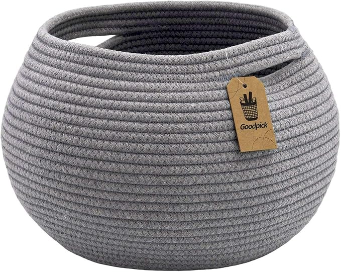 Goodpick Cute Round Cotton Rope Basket Woven Towel Baskets Bathroom Small Dog Toy&Cat Toy Storage Basket for Children Corner Plant Baskets Shelf Indoor, Gray, 10"D x 8.3"H