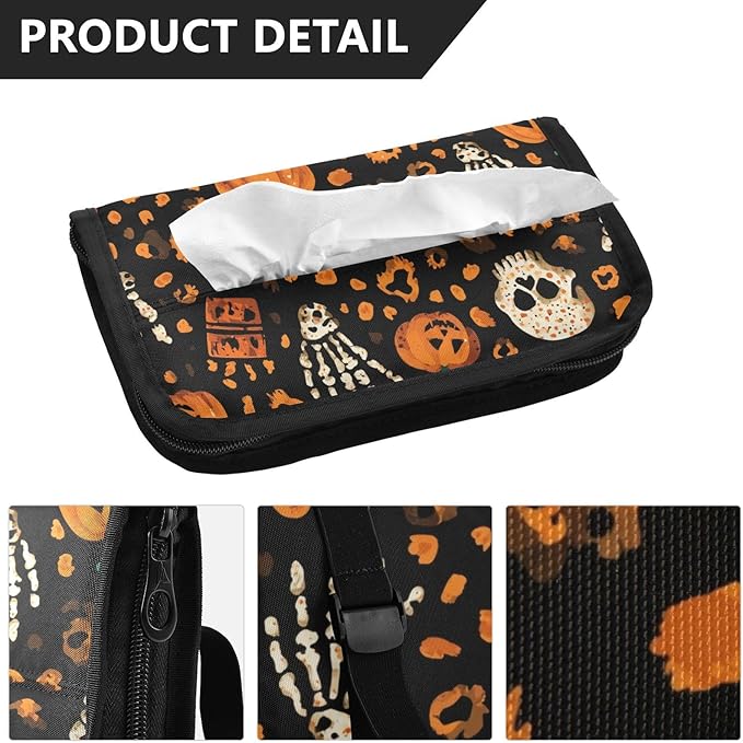 Car Tissue Holder Car Napkin Holder Car Tissue Box Dispenser Storage Case Sun Visor Mask Holder with Adjustable Straps Reusable Refillable Halloween Leopard Pumpkin Skull Brown