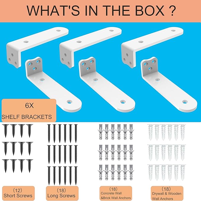 Eurydice Heavy Duty Floating Shelf Brackets, 1/4 inch Thick L Brackets, (6 In 6 Pack White), Holds 200 lb, Rounded Arc Edge, One-Piece, 3 Hole Mounting For Wood Shelves in Kitchen, Garage, Office, DIY