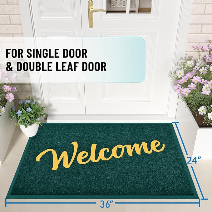 T.HENV Welcome Mat Outdoor Indoor, 36x24, Green-Gold, Waterproof, Non Slip, Easy Clean