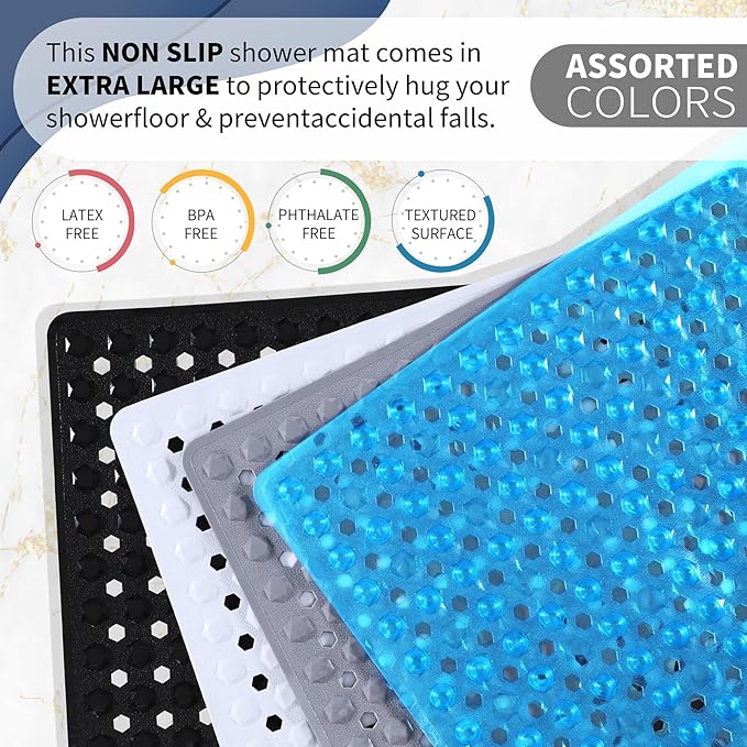 Yimobra Square Shower Floor Mat Non Slip, 21"x21" Machine Washable Bath Tub Mat, Soft on Feet, Bathmat with Drain Holes and Suction Cups, Fast Draining, White