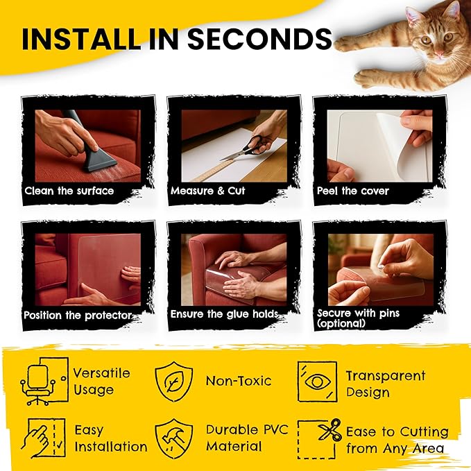 TREDO Anti Cat Scratch Furniture Protector 12-Pack - Large 17"x12" Clear Single Sided Couch Protector with 50 Twist Pins - Easy Install Deterrent for Cats - Protect Furniture, Doors, Walls