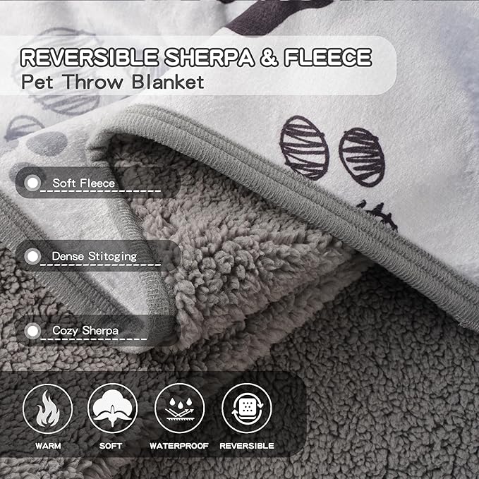 CAPT.SNOOZE Waterproof Dog Blankets Pet Blanket 60"x80", Soft Fluffy Sofa Car Bed Protector, Reversible Sherpa Fleece Dog Blanket for Large Dogs (Light Grey-Paws)