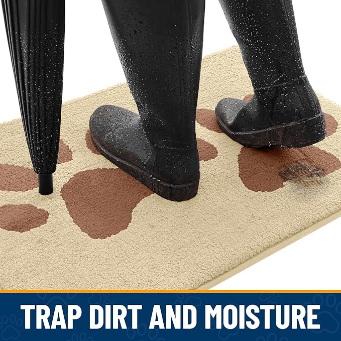 Smiry Dog Door Mat for Muddy Paws, Absorbs Moisture and Dirt, Low-Profile Entryway Mat with Non-Slip Backing, Entry Indoor Outdoor Doormat for Inside Floor (30x20 Inches, Light Beige, Paw)