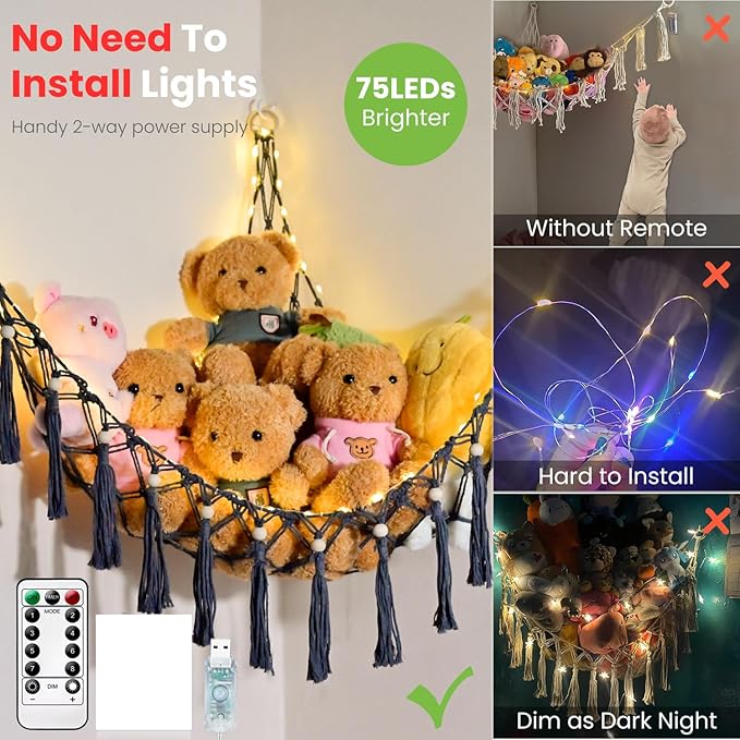 Stuffed Animal Hammock with 75LEDs, Large 55in Storage Macrame Hammock, Hanging Net for Kids Bedroom Doll Room Corner Organizer, USB Plush Animal Net with Remote (Gray, XL)