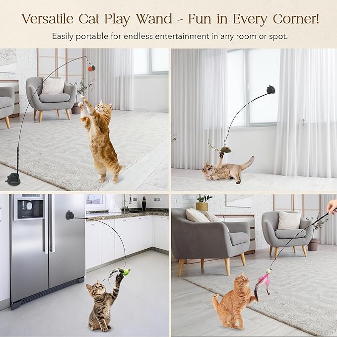 Interactive Bird Simulation Cat Feather Toy Set - Suction Cup Cat Toys for Indoor Cats, Natural Feathers, Bells & Easy Clip-On, Perfect for Indoor Cats - 2 Free Pads, Suctions to Ground