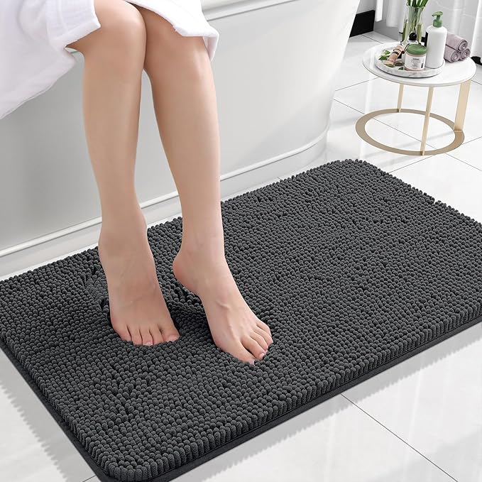OLANLY Bathroom Rugs 30x18, Extra Soft Absorbent Chenille Bath Rugs, Rubber Backing Quick Dry, Machine Washable Bath Mats for Bathroom Floor, Tub and Shower, Home Decor Accessories, Dark Grey