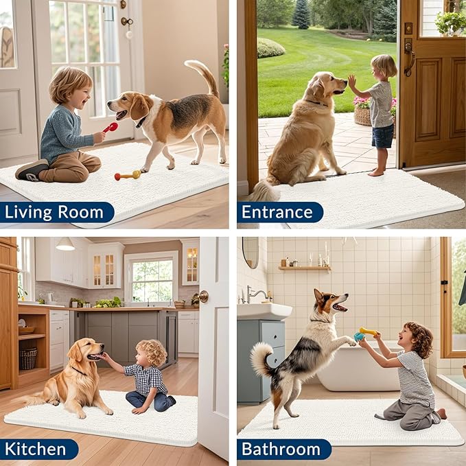 Smiry Dog Door Mat for Muddy Paws 59x24, Absorbs Moisture and Dirt Doormat, Non-Slip Washable Quick Dry Chenille Front Door Mat Indoor Entrance, Entryway Carpet for Inside Floor, Ivory