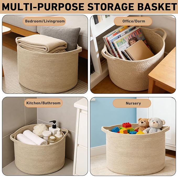 115L Extra Large Woven Cotton Rope Blanket Basket with Handles, Laundry Hamper Storage Bin for Pillows, Comforters,Clothes, Toys, Nursery, Bedroom and Living Room Organization,Camel