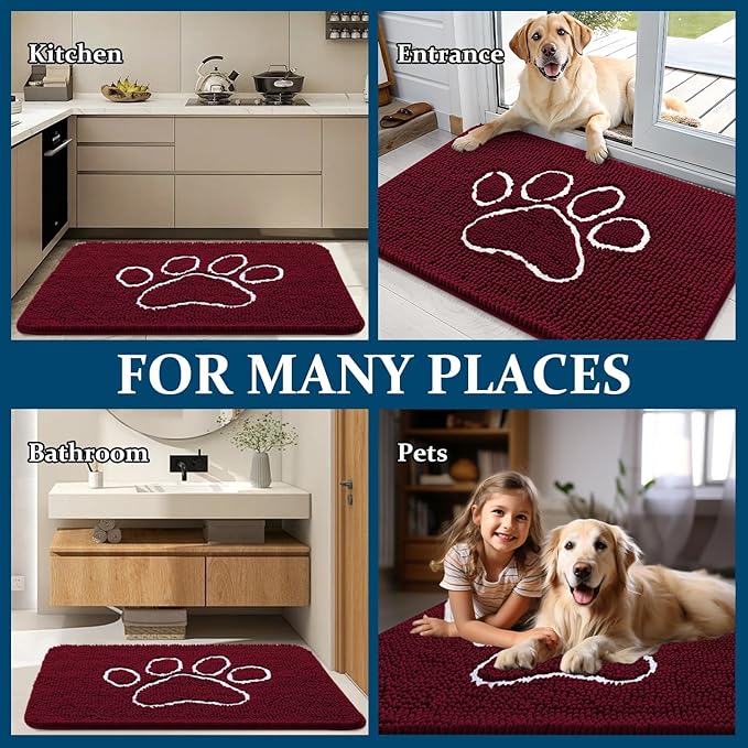 OLANLY Dog Door Mat for Muddy Paws 70x24, Paw Print Design, Absorbs Moisture and Dirt, Absorbent Non-Slip Washable Doormat, Quick Dry Chenille Mud Mat for Dogs, Entry Indoor Entryway Carpet, Burgundy