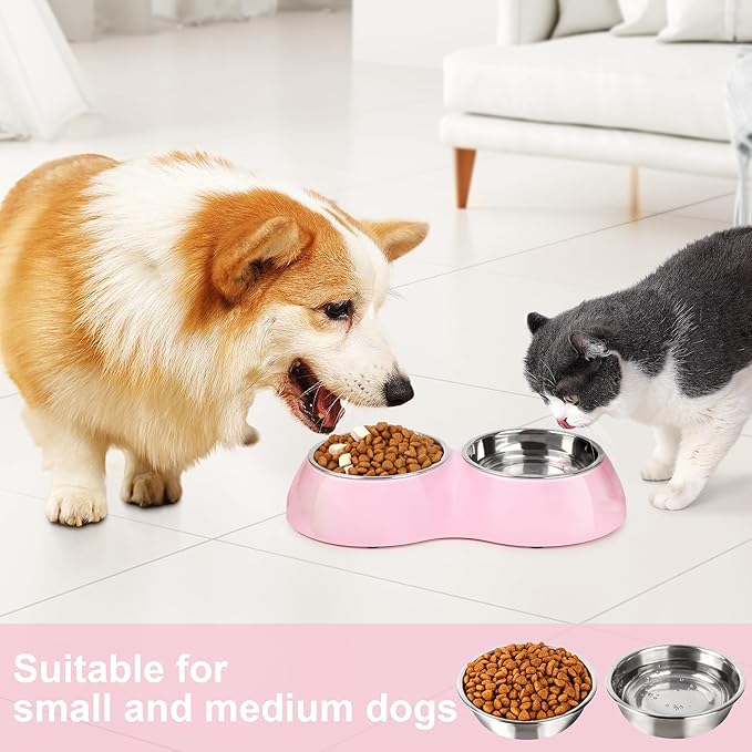 Petvillage Stainless Steel Dog Bowls Set – Dual Non-Slip Pet Dishes with 2 Small (4oz*2) Bowls & Durable Resin Stand,Food & Water Feeder for Kittens– Pink