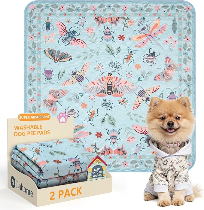 Lahome Washable Reusable Pee Pads for Dogs - Blue Butterfly & Insect Print 2 Pack Puppy Pads, Super Absorbent & Waterproof Training Mats for Crate & Floor - Leakproof with Non-Slip Backing (36"x36")