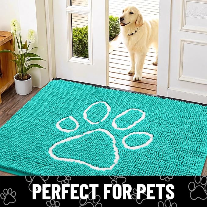 Smiry Dog Door Mat for Muddy Paws, Absorbent Dirt Trapper Non Slip Quick Dry Washable Chenille Mat for Mud Dogs, Entry Rug for Indoor and Outdoor (48x30 Inches, Turquoise and White)