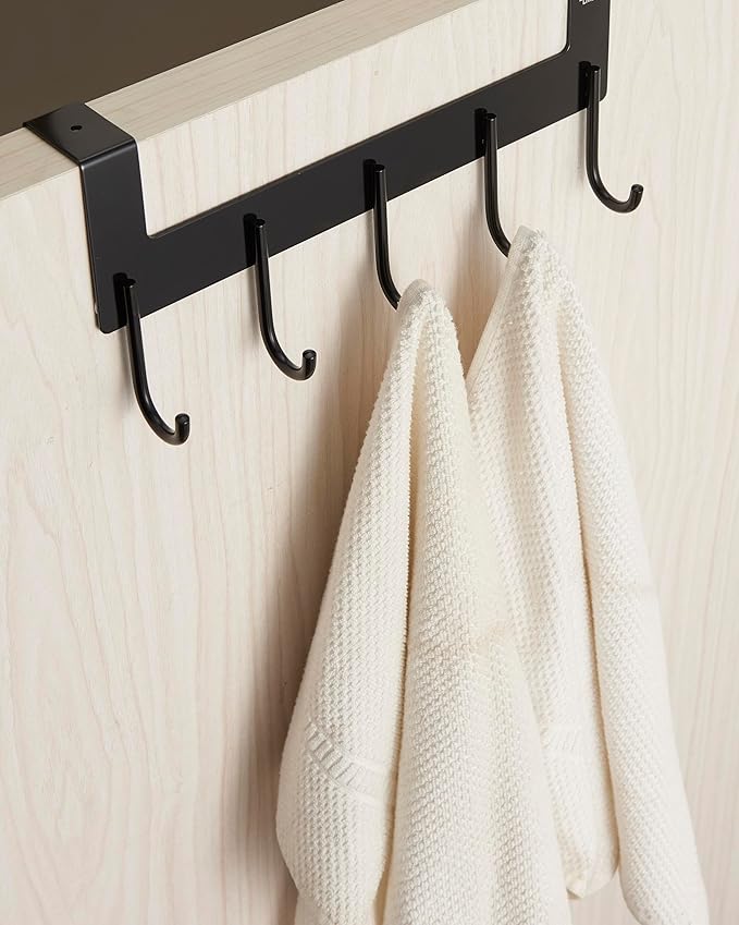 Over The Door Towel Rack,Over The Door Hooks,Heavy Duty Aluminum Over The Door Hanger for Hanging Coat, Bag, Robe,Clothes,Towels,Hat - 5 Hooks, Brush Finish (Matte Black 1Pcs)