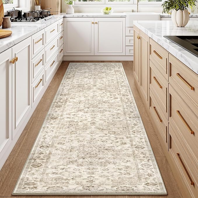 2'6x12 Washable Neutral Runner Rug Beige Vintage Hallway Kitchen Carpet Non-Slip Soft Low Pile Farmhouse Throw Rug for Bedroom Bathroom Laundry Living Room