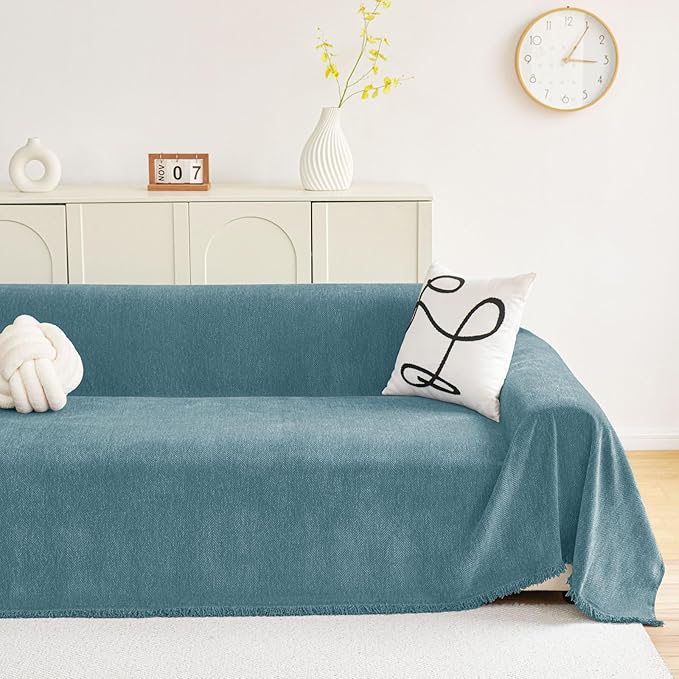 hyha Couch Cover for Dogs, Boho Sofa Covers for 3 Cushion Couch Washable, Chenille Sofa Slipcover for Pets, Soft Loveseat Sectional Couch Throw Blankets with Tassels (Blue, 71x91 Inch)