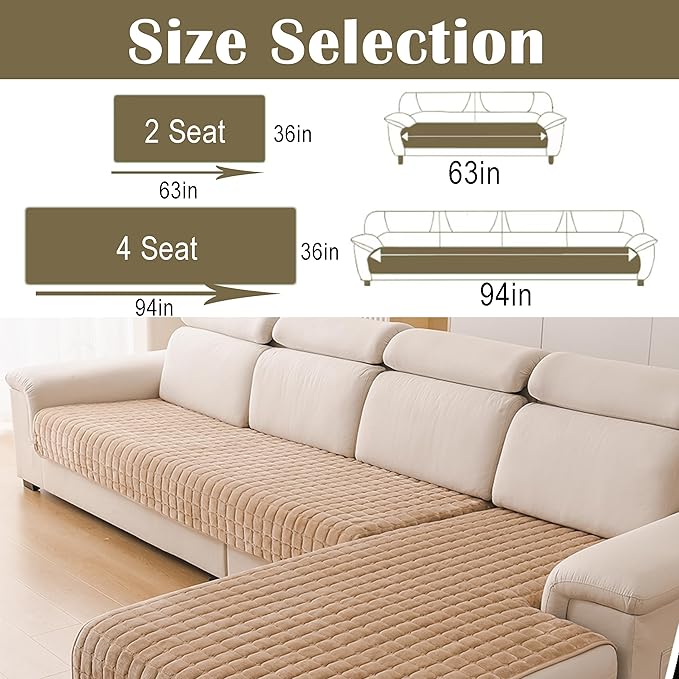 KaviKon Couch Cover Pack of 2, L Shaped Sectional Sofa Covers Washable, Velvet Fuzzy Sofa Slipcovers for 3 Cushion Couch cover, Non-Slip Furniture Protector for Dog Pet Khaki, 36x63+36x94 Inch (2 Pcs)