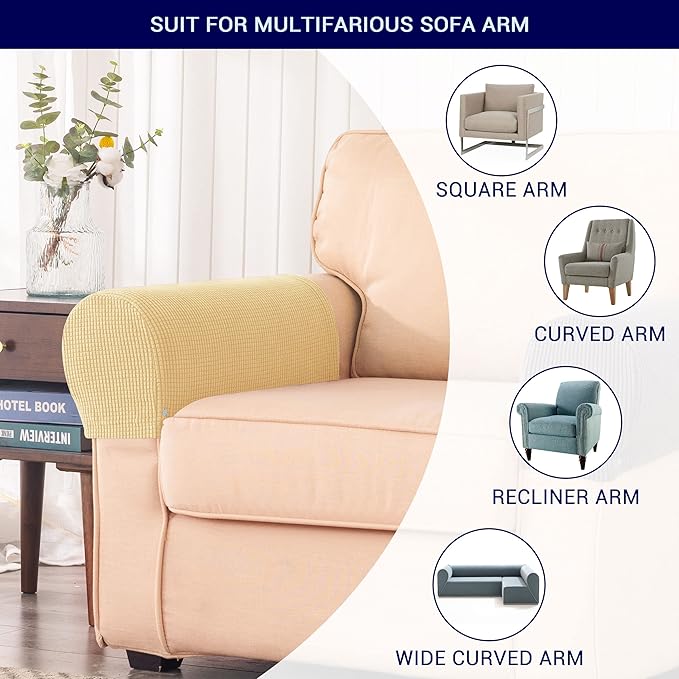 SUBRTEX Stretch Armrest Covers Spandex Arm Covers for Chairs Couch Sofa Armchair Slipcovers for Recliner Sofa with Twist Pins 2pcs (Sand Yellow)