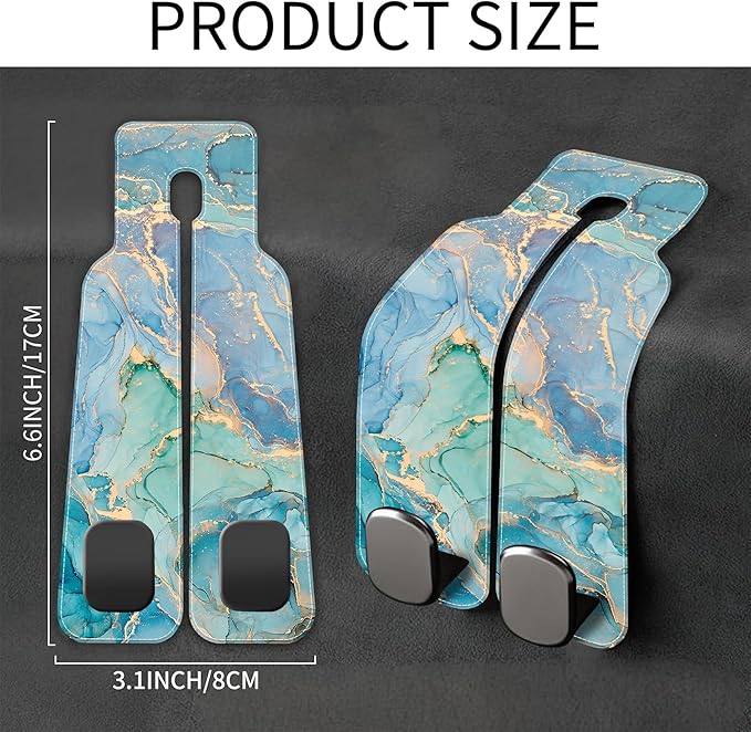 AEWNUNK Car Seat Headrest Hooks for Purses and Bags Abstract Turquoise Golden Marble 1 Pack Bag Purse Holder for Car with Double Metal Hooks Car Purse Hanger Hanging Accessories