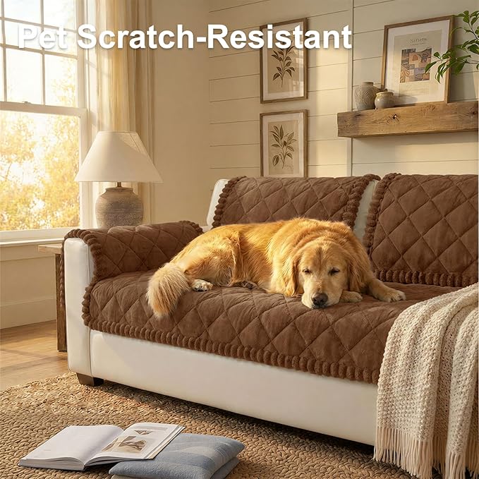 Smiry Fuzzy Couch Cover for Dogs, Non Slip Washable Pet Sofa Cover, Scratch Proof Hair Resistant Plush Sofa Slipcover, Pet Friendly Couch Cushion Protector for Cat, Brown, 27.6" x 27.6"