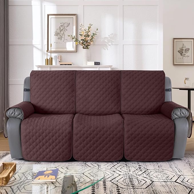 TAOCOCO 100% Waterproof Recliner Couch Covers, Recliner Sofa Covers with Leg Straps, 1-Piece Washable Reclining Sofa Cover with Pocket Couch Protector for Pets Kids(3 Seater, Coffee)