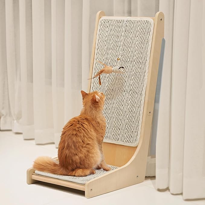 PETKARAY 105° Cat Scratcher, Sisal Kitty Scratch Pad, L Shape Scratching Board for Indoor Cats, Floor Mounted Scratcher with Mouse Toy Catnip, Chevron Style
