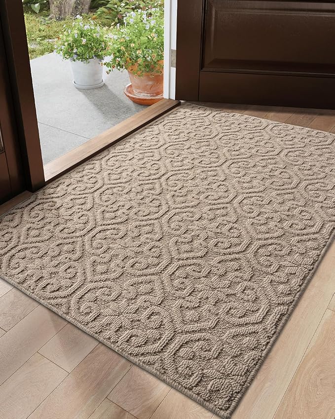 DEXI Front Door Entryway Mat Non Slip, Washable Inside Entrance for House Floor Low Profile, Thin Entry Doormat Absorbent Dirt Trapper, 32x48 Light Beige