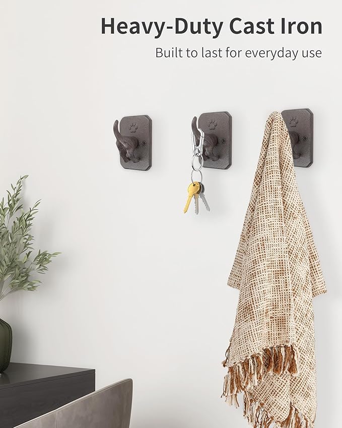 Cast Iron Dog Tail Wall Hooks - Heavy Duty Rustic Dog Leash Holder, Wall Mount Coat Hook for Hanging Key Towel Collar, Decorative Puppy Butt Paw Hanger for Farmhouse Entryway Mudroom, 3 Pack