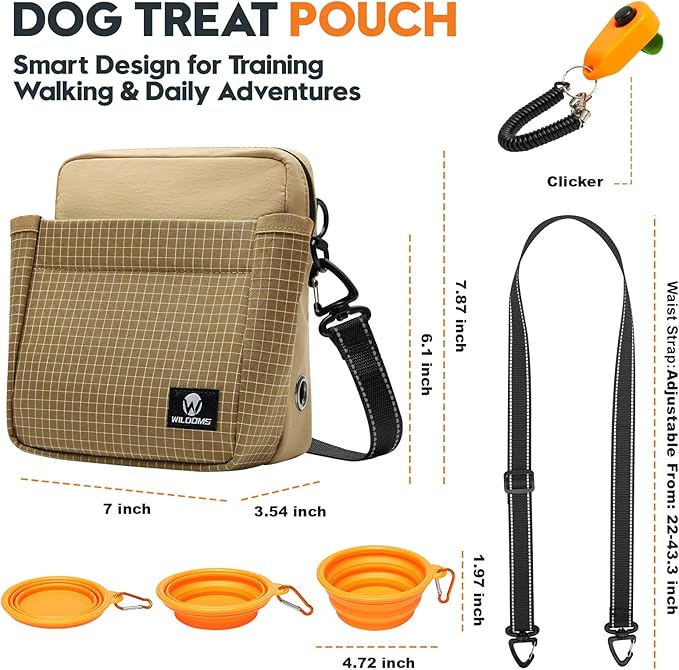 WILDOMS Dog Treat Pouch – Large Capacity with Magnetic Closure, Dog Walking Fanny Pack Built-in Poop Bag Dispenser, Clicker & Collapsible Bowl for Training & Walking - Khaki