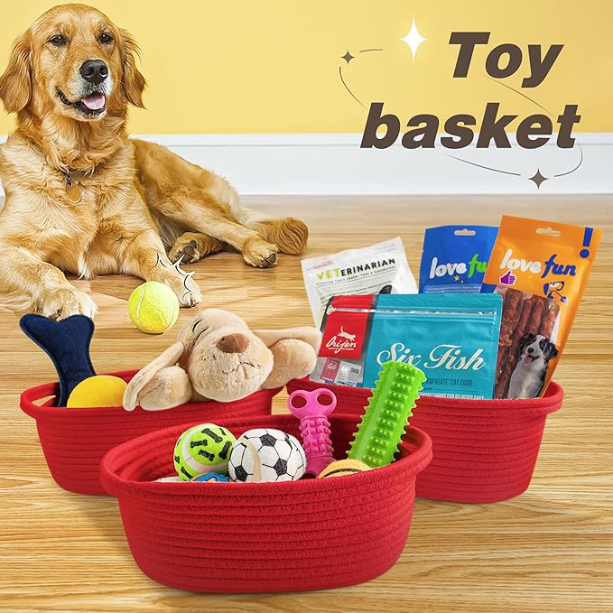 Pro Goleem Small Woven Basket with Gift Bags and Ribbons Durable Baskets for Gifts Empty Small Rope Basket for Storage 12"X 8" X 5" Baby Toy Basket with Handles, Red