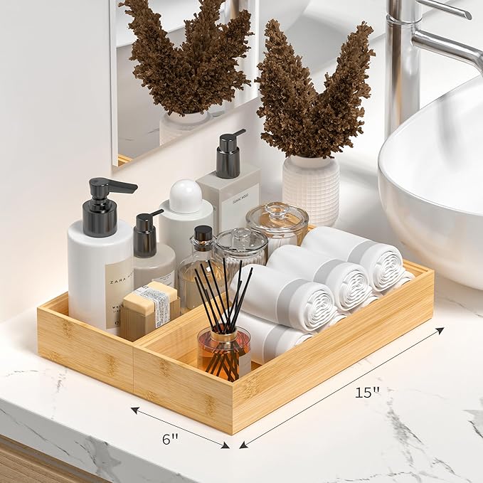 Greatseas Kitchen Drawer Organizer Tray, Stackable Bamboo Deep Drawer Organizer for Large Silverware, Utensils, Cutlery, Flatware,Junk Drawer, Dresser, Bathroom, 17" x 6" x 2.5" (Set of 2)